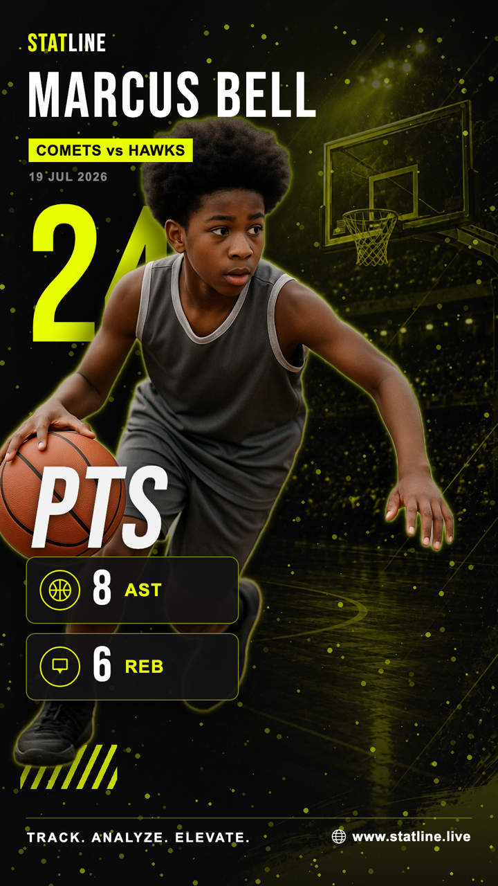 Statline share card showing a real cut-out photo of a young basketball player composited onto a branded stat card with a 24 PTS hero number